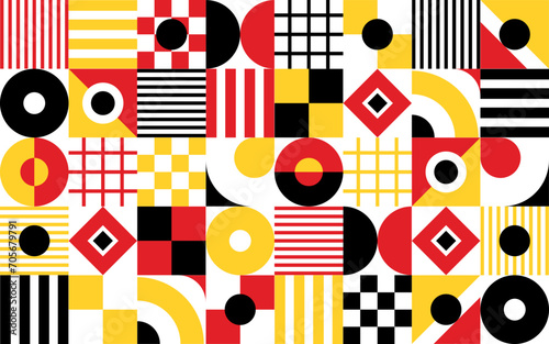 Black  red and yellow modern abstract geometric Bauhaus pattern  vector background. Minimal shapes and colors pattern of Bauhaus style with abstract circle  triangle and rectangle mosaic pattern