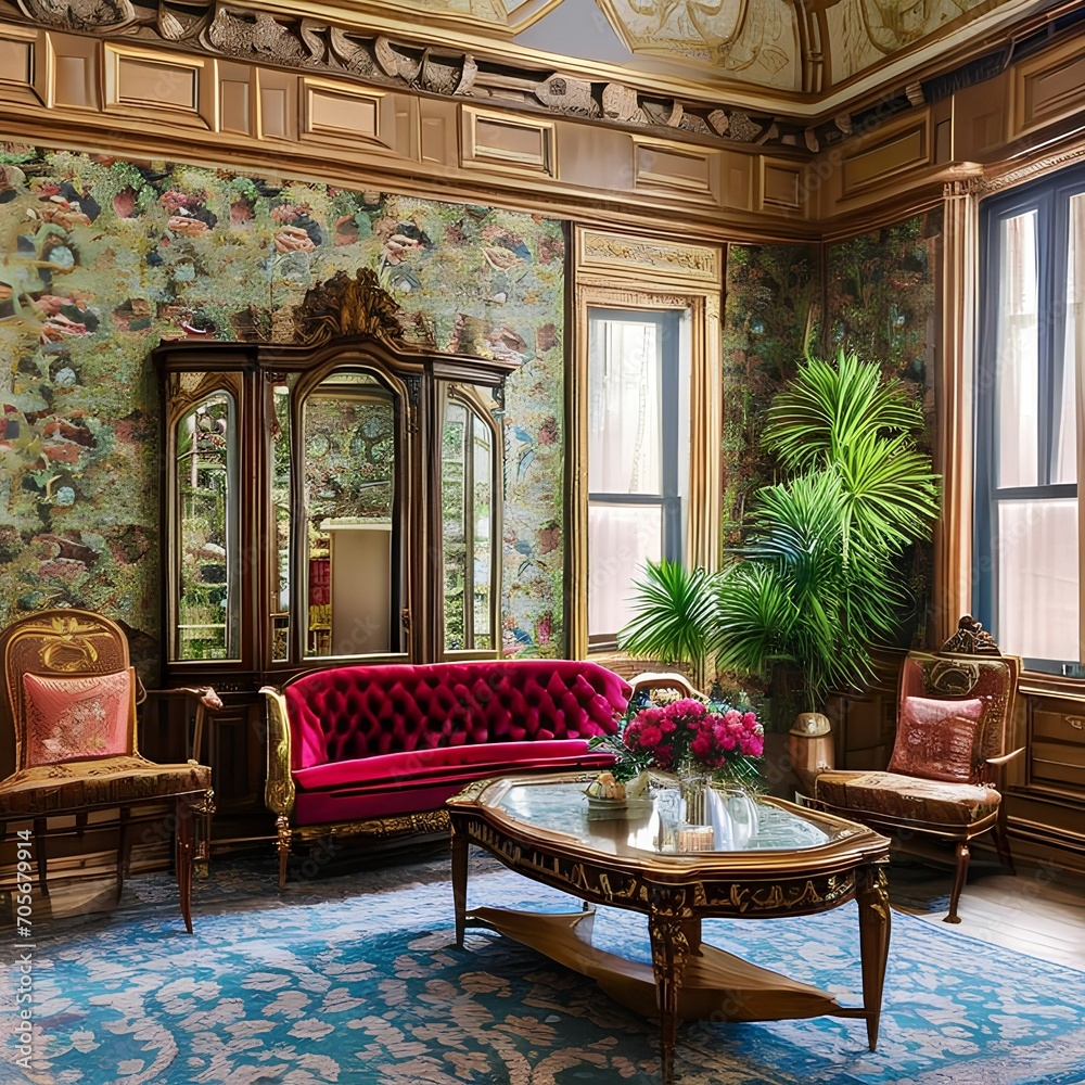 Fototapeta premium A Victorian-style parlor with ornate wallpaper and vintage furnishings4