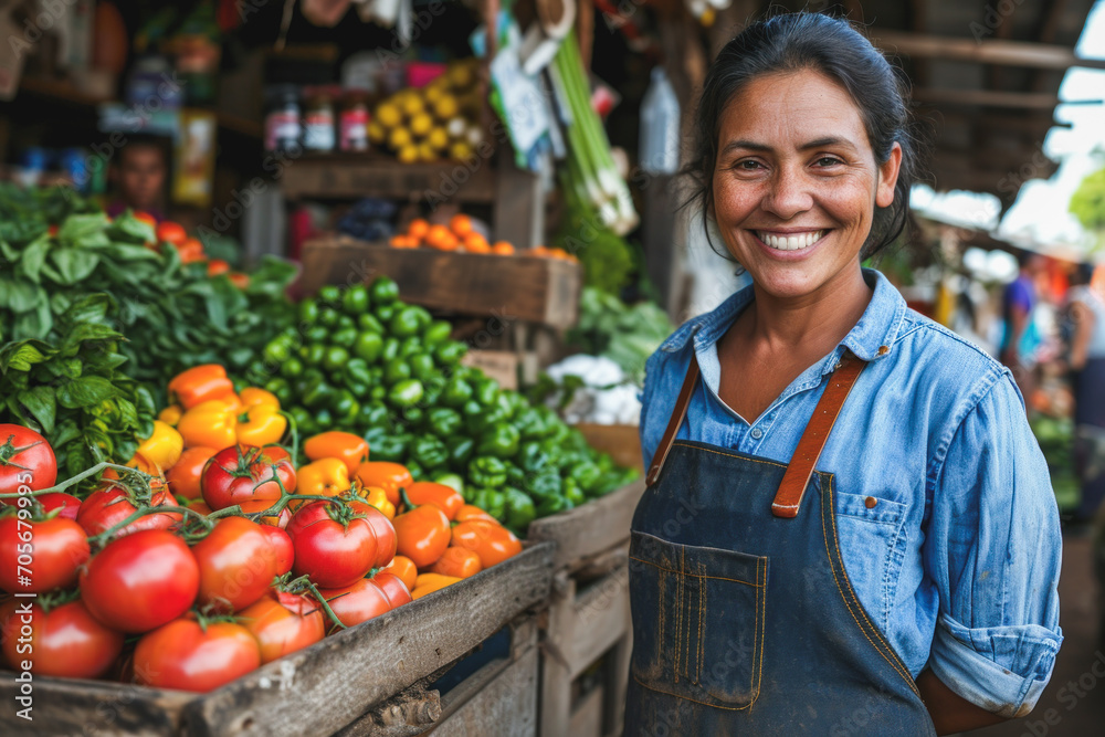 Latina Woman Selling Tomatoes in an Market. Lifestyle Concept