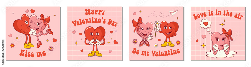 Set with groovy hearts cards for Valentine's Day. Happy Valentine's Day. Kiss me. Be my Valentine. Love is in air. Vector illustration for postcard, posters. Trendy retro 60s, 70s cartoon style.