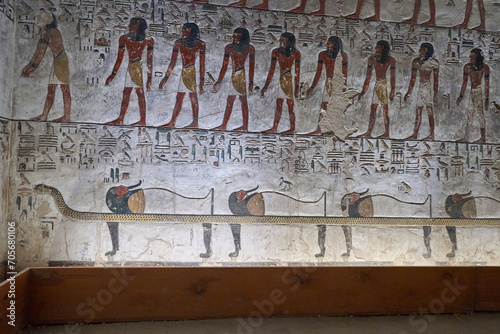 King Seti tomb at the Valley of Kings .Luxor . Egypt. Hieroglyphics in King Seti tomb.wall reliefs showing the Book of Gates in the Tomb of Seti I at Valley of Kings .Luxor . Egypt . photo