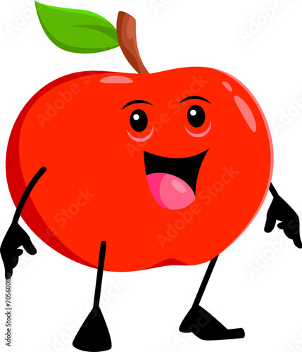 cartoon cheerful funny apple fruit character with smiling face, bright red skin, and green leafy top, radiates freshness. Isolated vector wholesome food personage, crunchy snack express happy emotions