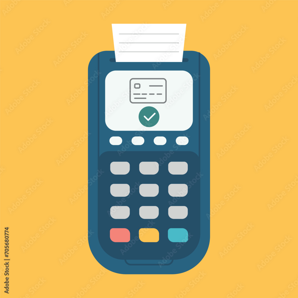 POS Terminal with receipt and bank card icon. Approved Payment check mark. POS Terminal with receipt and bank card icon. Approved Payment check mark.