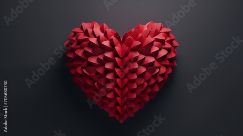 A 3d origami red heart made of petals on a black background.