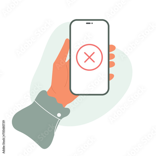 Mobile screen with error payment check mark. Female hand holds phone, online shopping