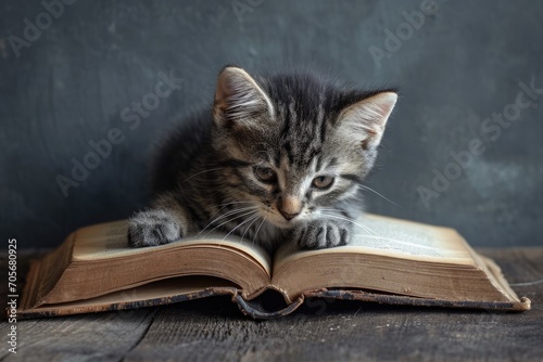 A cute little kitten sits on an open book and reads. Pet child is learning. Concept lessons children, science education.