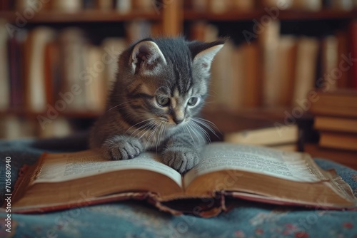 A cute little kitten sits on an open book and reads. Pet child is learning. Concept lessons children, science education.