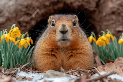 A cute fluffy groundhog wakes up in early spring, crawls out of his burrow and sees snowdrops and melting snow. An old omen predicting the end of winter. © photolas