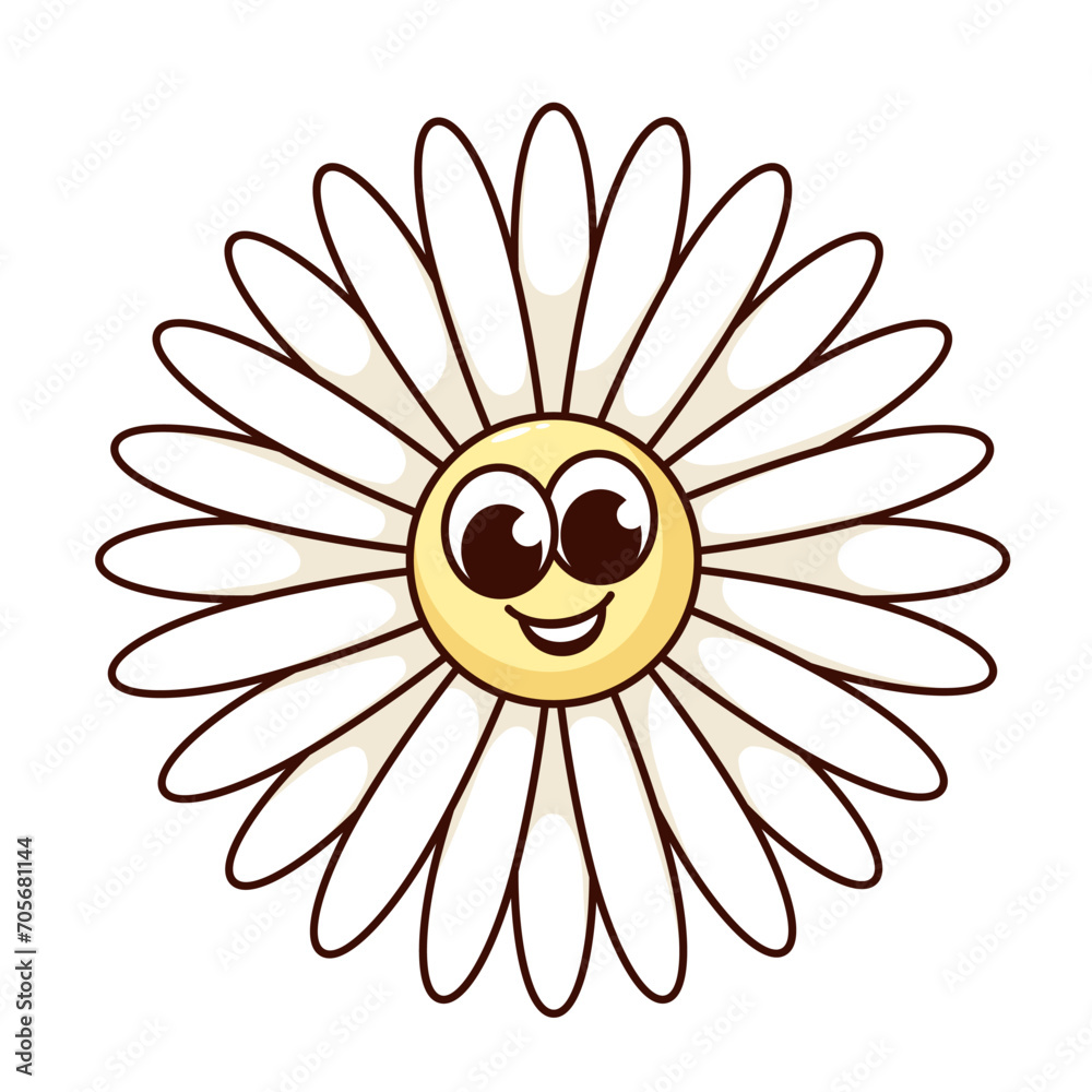 Groovy daisy flower cartoon character with long white petals. Funny retro floral mascot smiling, cute giggles and laughter of cartoon flower, comic chamomile sticker of 70s 80s vector illustration