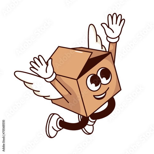 Groovy cardboard box cartoon character flying with wings. Funny retro free fast delivery mascot, happy flight of cartoon box to deliver gift, express shipping sticker of 70s 80s vector illustration