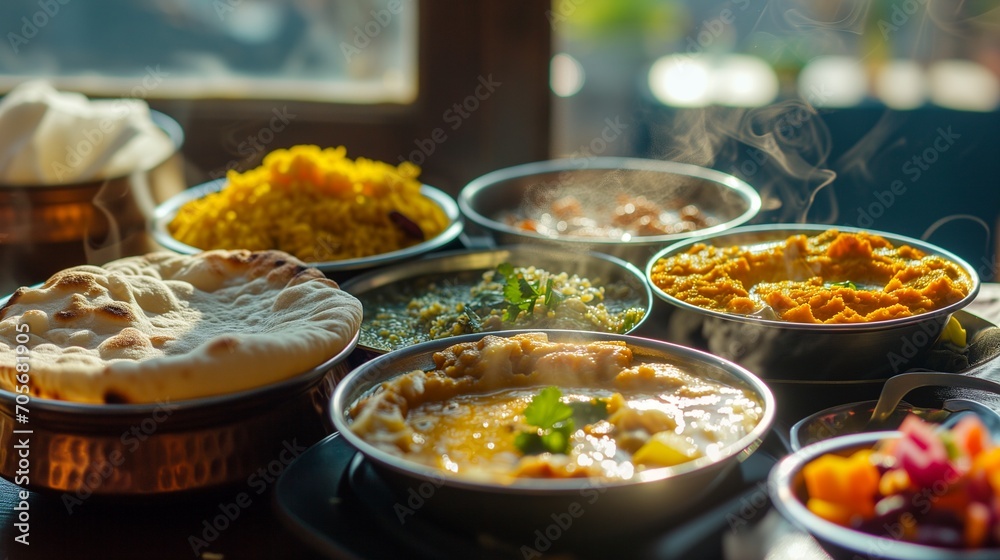 Traditional Indian breakfast, assorted dishes, homely kitchen setting Traditional Indian breakfast, assorted dishes, homely kitchen setting