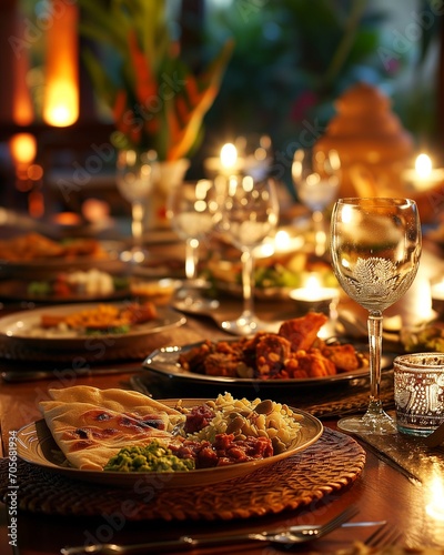 Festive Indian meal  traditional attire  North Indian cuisine  lavish spread  elegant table setting  warm candlelight