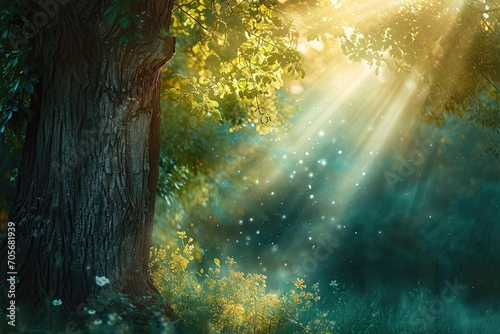 Enchanted woodlands. Stunning forest landscape bathed in warmth of morning sunlight featuring green foliage mist and magical atmosphere perfect for capturing beauty of nature