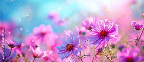 Vibrant Spring Blossoms: Close-Up of Colorful Cosmos Flowers in a Natural Setting © GustavsMD