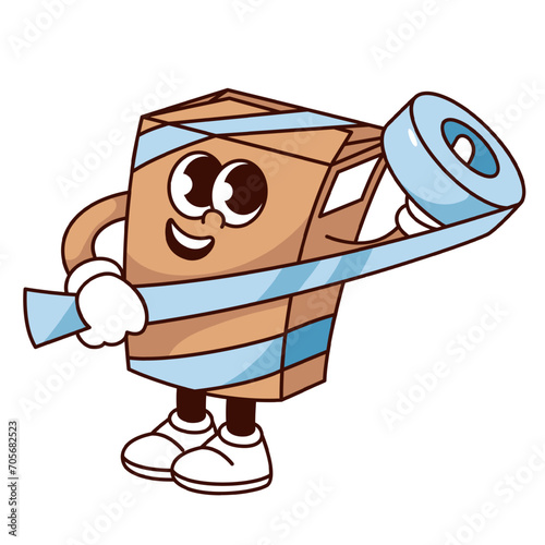 Groovy cardboard box cartoon character wrapped with adhesive tape. Funny retro delivery mascot, cartoon crate box with sticky sellotape packing gift parcel, sticker of 70s 80s vector illustration