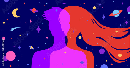 Couple woman, man dreams. Modern flat character silhouette woman, man with dream universe, cosmos, stars background. Character couple, imagination connection universe starry night. Vector illustration
