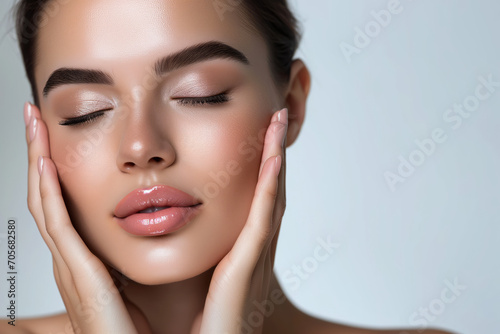 Healthy Skin Care: Smiling Woman with Natural Makeup Touching Glowing Skin