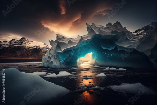 Glacial landscape. Large chunks of blue ice