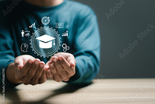 Online education concept. Businessman with Online education training icons and e-learning webinar on internet. Increase business working skills. Education internet technology.