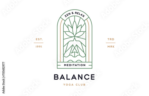 Yoga Meditation Relax Club Label. Minimalist line art logo template. Simple modern design line graphic yoga meditation relax club badge. Symbol line icon yoga meditation sign. Vector Illustration