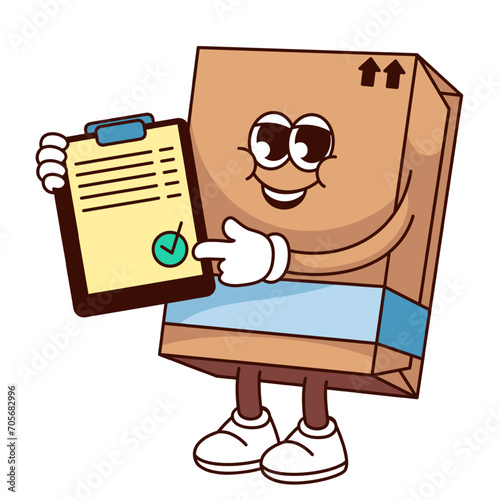 Groovy cardboard box cartoon character with clipboard for loading check. Funny retro delivery and warehouse mascot , cartoon box pointing on quality tick, sticker of 70s 80s vector illustration