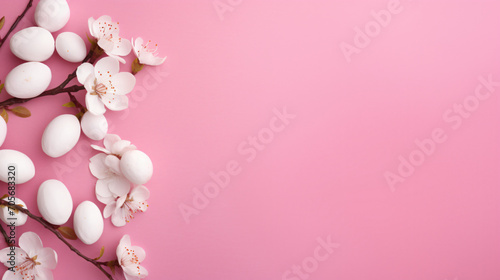 A branch with white eggs and pink flowers on a pink background