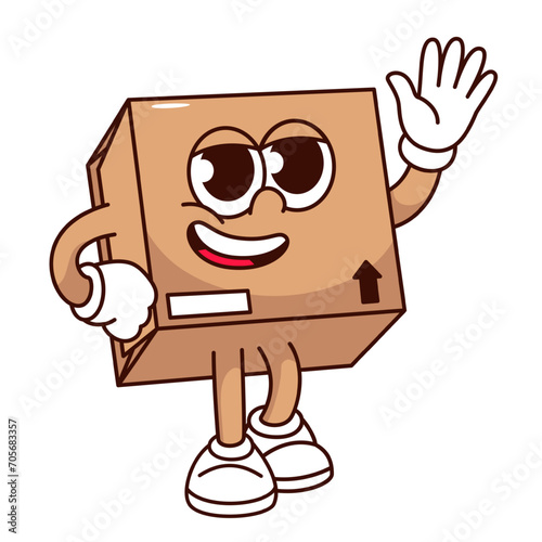 Groovy cardboard box cartoon character waving hand. Funny retro delivery mascot, cartoon brown paper box with happy smile and big eyes greeting customer, sticker of 70s 80s vector illustration