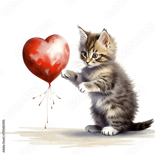 Valentine kitten, cute kitten, baby cat, love day, watercolor illustrations