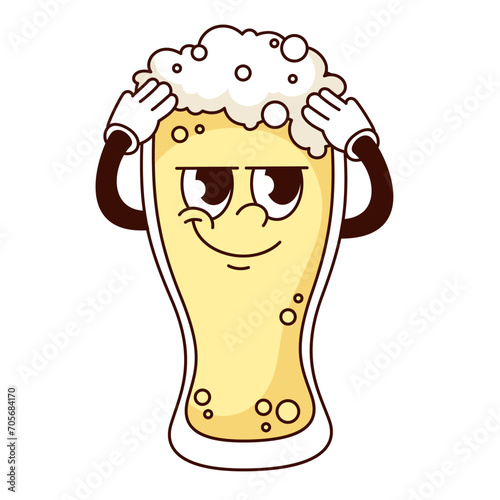 Groovy cartoon glass of beer character holding foam. Funny happy cup of sparkling craft alcohol, retro brewery mascot, yellow beer for cheers cartoon sticker of 60s 70s style vector illustration photo