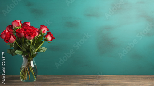 Serenity in Simplicity  Wooden Table  Roses  and an Empty Turquoise Wall with Copy Space