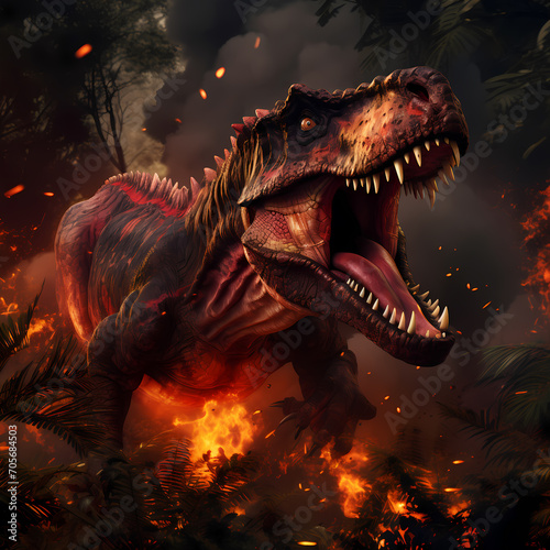 Angry roaring dinosaur and fire jungle around it
