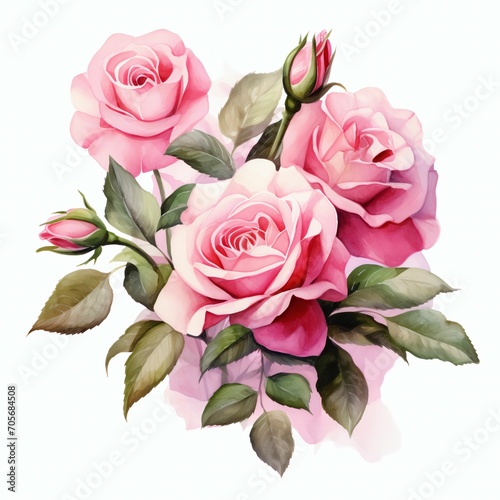 Watercolor of A beautiful of pink roses flowers isolated on the white background.