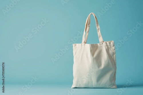 White tote bag without words isolated on light blue background. Mock up photo
