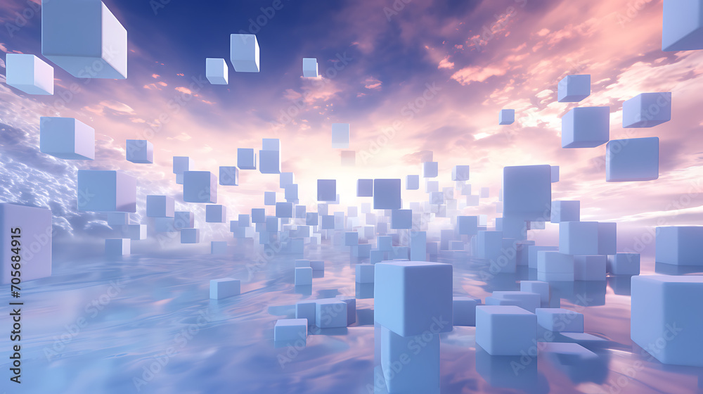 Abstract 3D rendering of floating cubes in a surreal and dreamlike environment with Copy Space - obrazy, fototapety, plakaty 