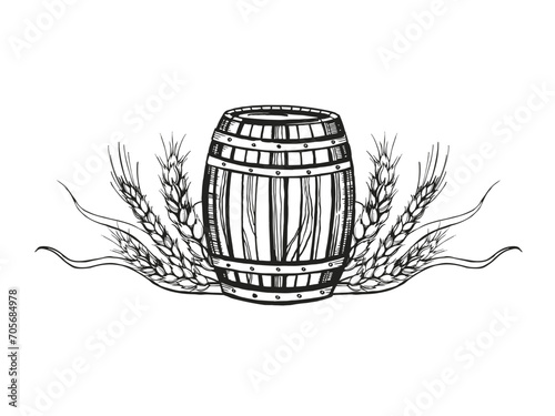 Hand drawn vector sketch of wooden barrel for wine, beer, whiskey and ears of wheat, black and white illustration of wood oak keg and wheat plant, inked illustration isolated on white background