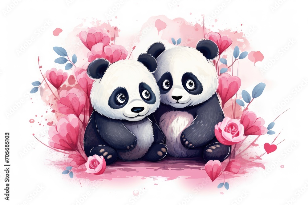 Two Adorable Cartoon Pandas Surrounded by Pink Hearts and Flowers Two Adorable Cartoon Pandas Surrounded by Pink Hearts and Flowers