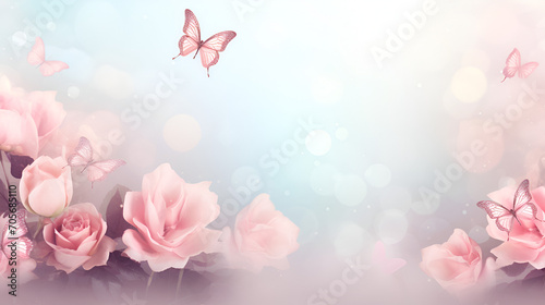 Mysterious fairy tale spring floral wide panoramic banner with fabulous blooming pink rose flowers summer fantasy garden on blurred sunny bright shiny glowing background and copy space, generative ai