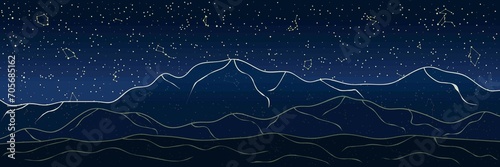 Abstract Sky Map of Hemisphere with Predawn Mountains. Blue and Yellow Constellations Isolated on Starry Night Background. Raster. 3D Illustration