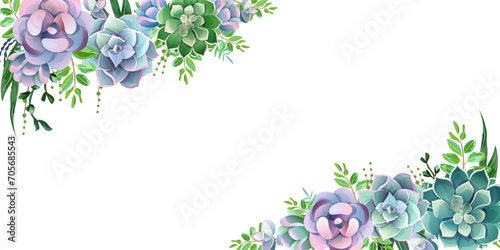 Greenery, succulent and branches frame corner border with copy space on white background. Template for invite or greeting card, banner, backdrop. Vector illustration.