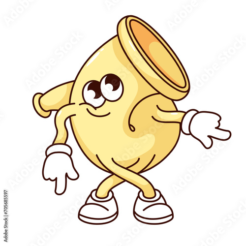 Groovy cartoon French horn character with mouthpiece. Funny dance of brass or gold horn instrument, retro jazz band mascot dancing, tuba or bugle cartoon sticker of 70s 80s style vector illustration