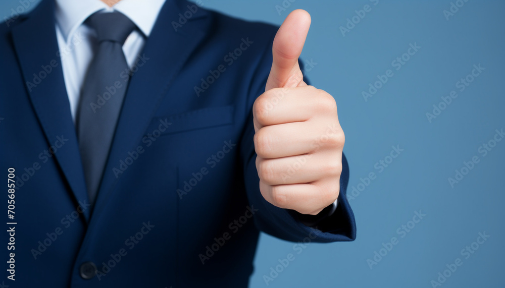 Businessman hand thumb up on blue punched paper Businessman hand thumb up on blue punched paper
