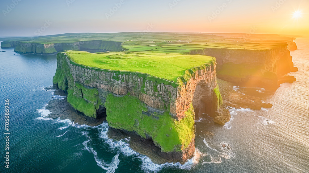 fantastic typical Irish landscape, with green hills and cliffs by the sea, St. Patrick's Day celebration, March, Landscape concept, generative ai - obrazy, fototapety, plakaty 
