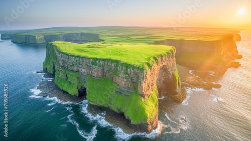Fotografia fantastic typical Irish landscape, with green hills and cliffs by the sea, St