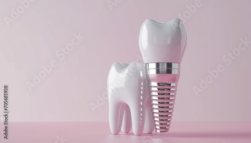 Detailed illustration of a dental implant among natural teeth, demonstrating the integration process and structure photo