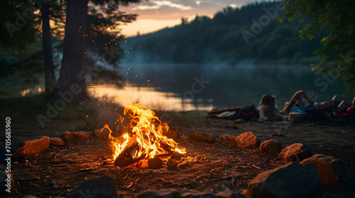 campfire in the forest near the lake