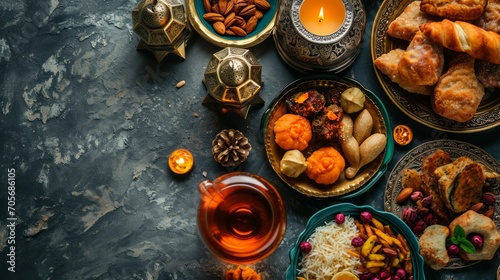 Top view Ramadan traditional muslim holiday food and lanterns on grey concrete background. Copy space.