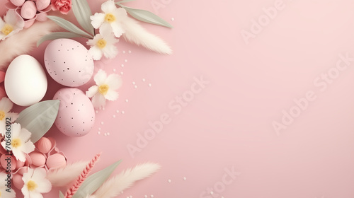 Top view of composition with Easter painted eggs  spring flowers on pink background. Greeting card  banner design with copy space.
