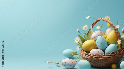 Easter basket with colorful eggs with spring flowers in basket on blue background. Greeting card  banner design with copy space.