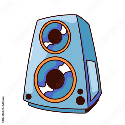 Groovy cartoon speaker to listen to music. Funny blue box of speaker, acoustic audio system for disco or rock party. Retro subwoofer mascot and cartoon sticker of 80s 90s style vector illustration