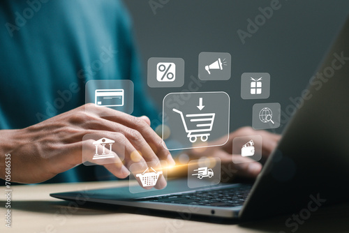 Business ecommerce concept. businessman use laptop with online shopping icons for Internet shopping, online purchase, ecommerce store, online business, shopping on the internet.